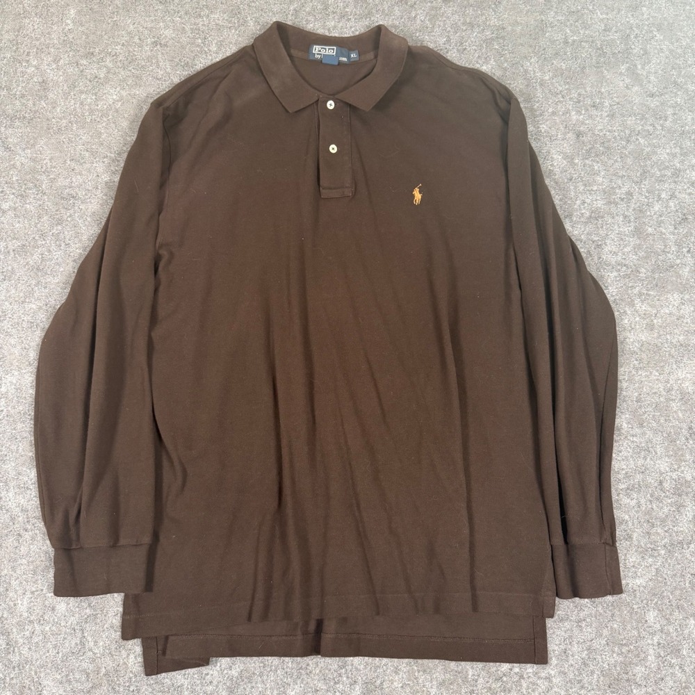 Polo Ralph Lauren Polo Mens XL Brown Long Sleeve Pique Shirt Pony Logo VTG